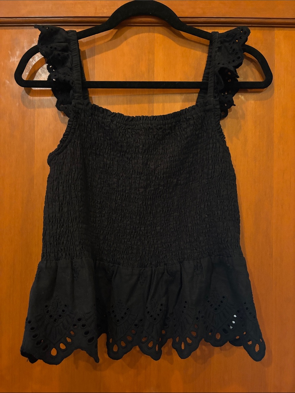 NWT Madewell Black Eyelet Smocked Top with Ruffle Straps Size 8